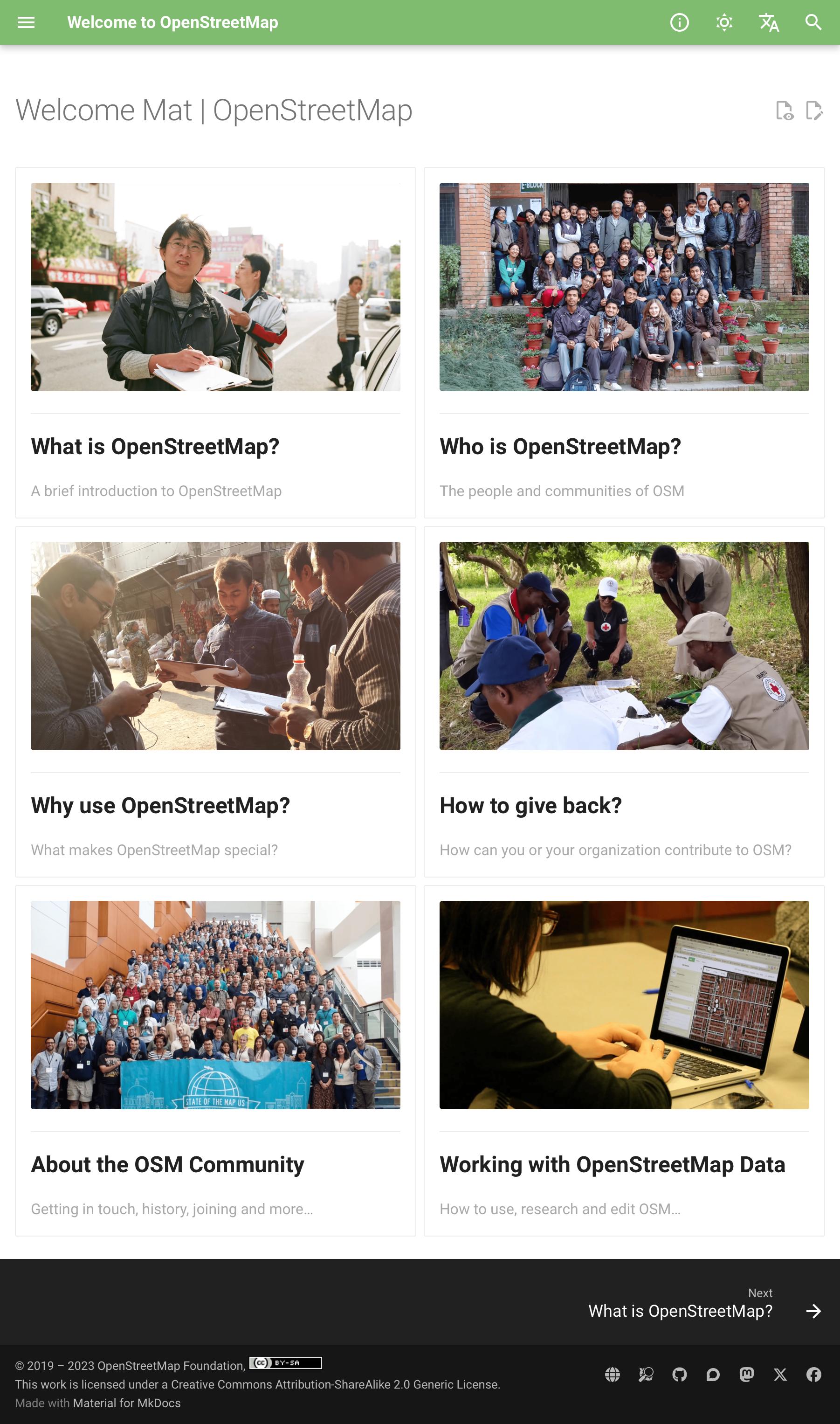 Screenshot of main page of Welcome Mat | OpenstreetMap website in Englsih