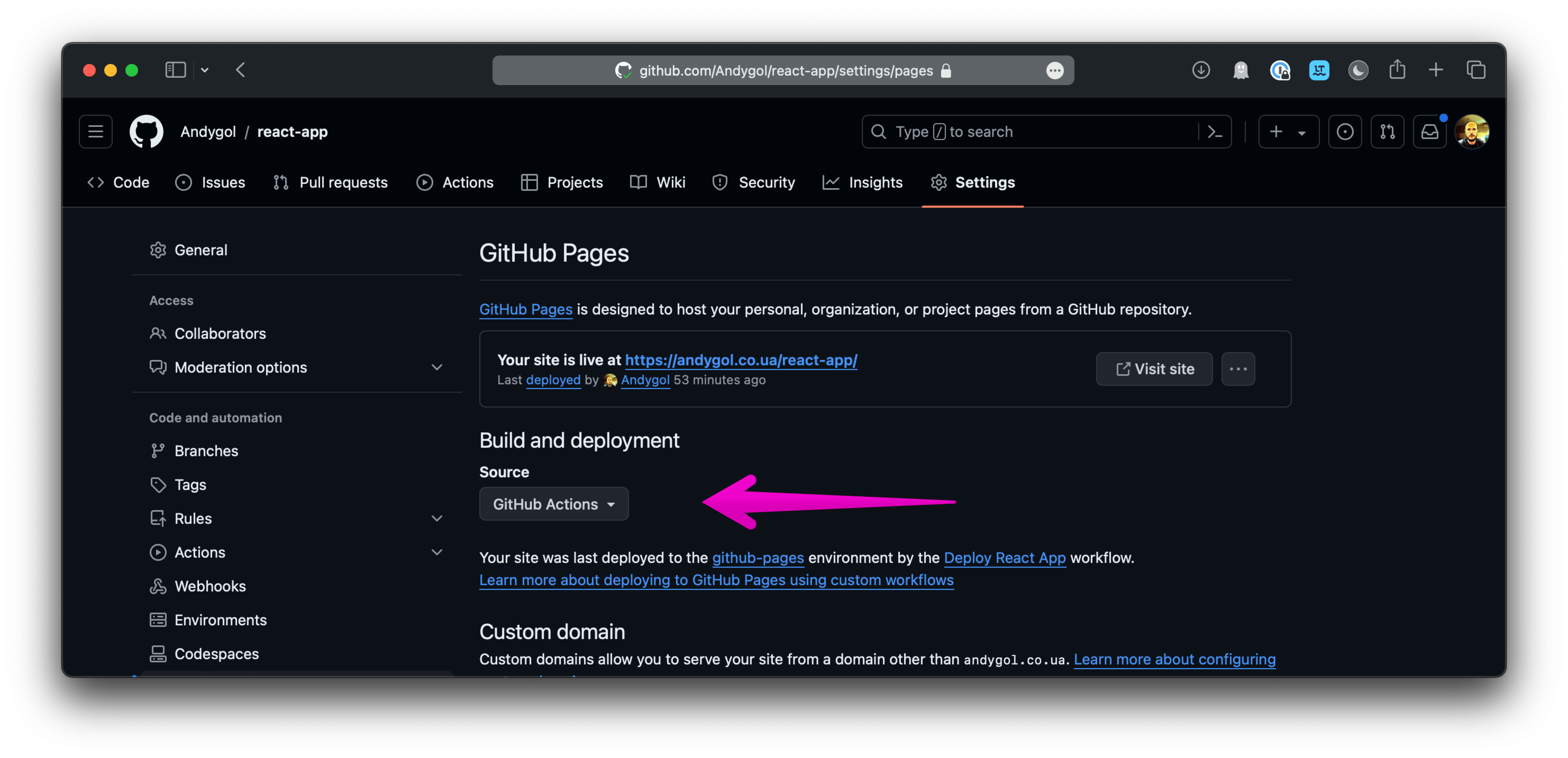 GitHub Pages Settings