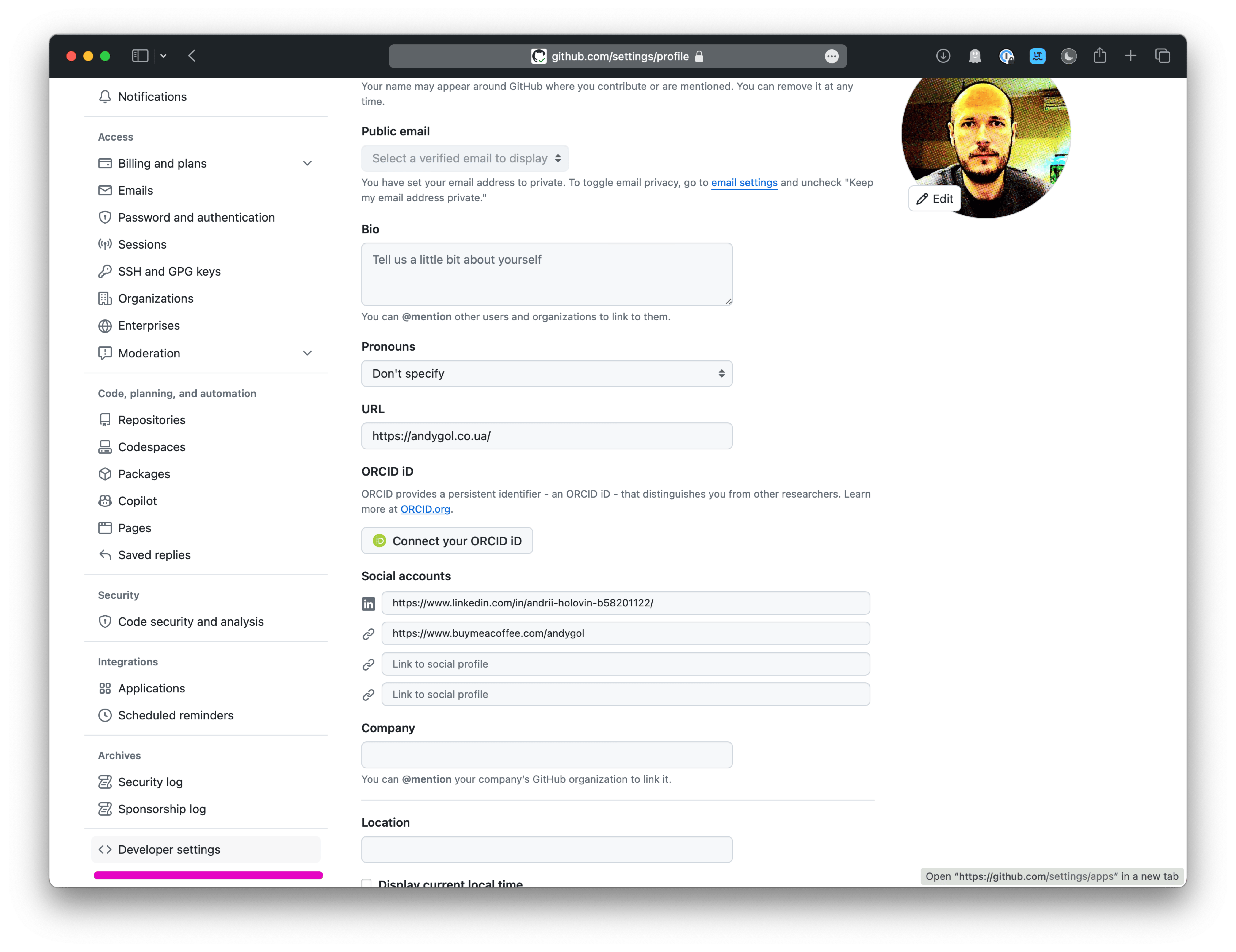 GitHub Developer Settings