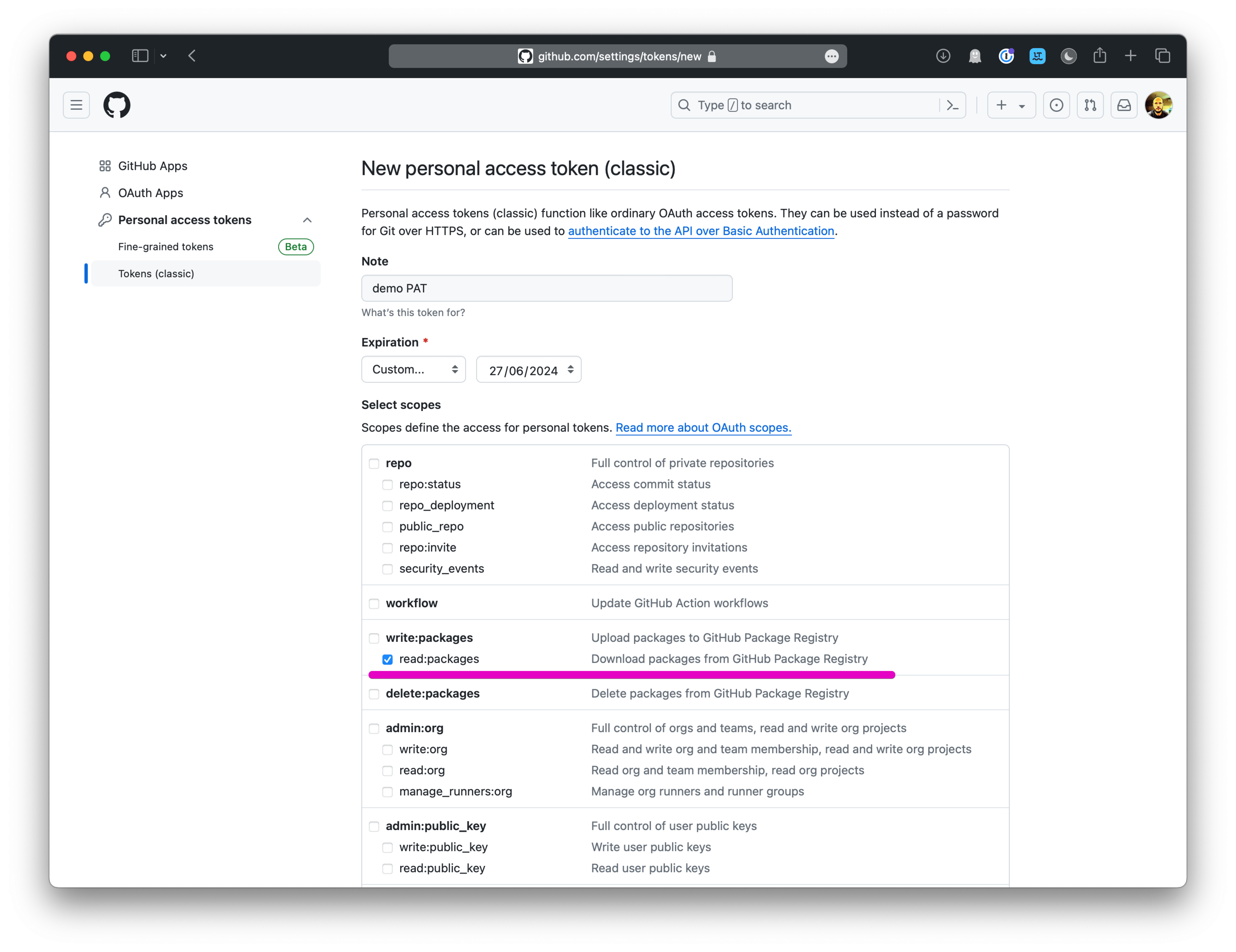 GitHub New Personal Access Token