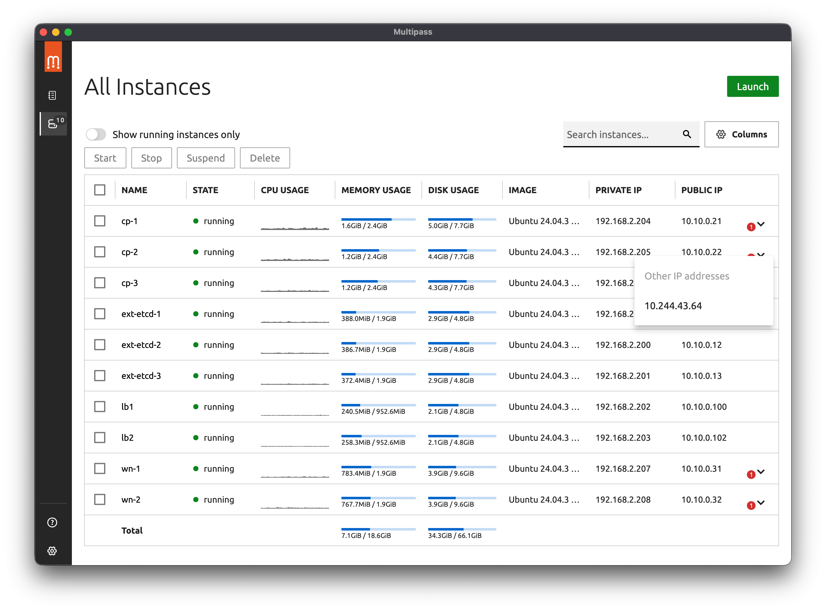 screenshot of Multipass with 10 virtual machines